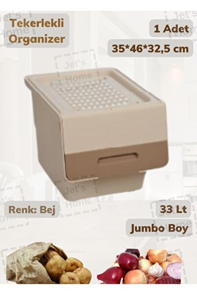Jet's Home Tekli Tekerlekli Patateslik Soğanlık Oyuncak Kutusu Patates Soğan Sepeti Motek Bej 33 Lt