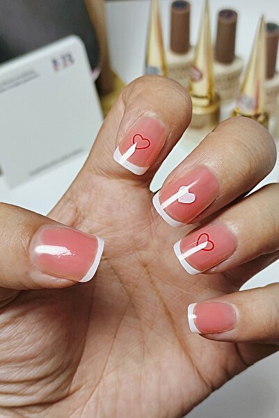 Easy Beauty 24 Adet French Kalp Desenli Kısa Takma Tırnak Seti Yapıştırıcı Ba...
