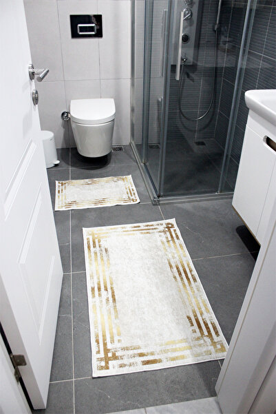 Charmbi Золотий килимок для ванної кімнати з лінійним візерунком, нековзна основа, можна прати в пральній машині, набір з 2 килимків для ванної кімнати