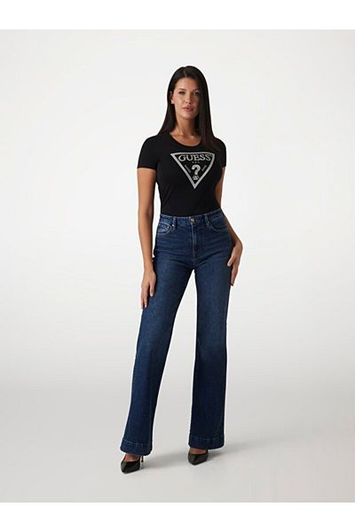 Guess Women's Shiny Triangle Logo Black T-Shirt