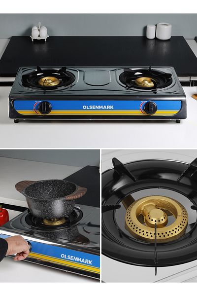 Olsenmark Double Burner Gas Stove Omk2316 Stainless Steel Auto Ignition Cast Iron Golden Burner
