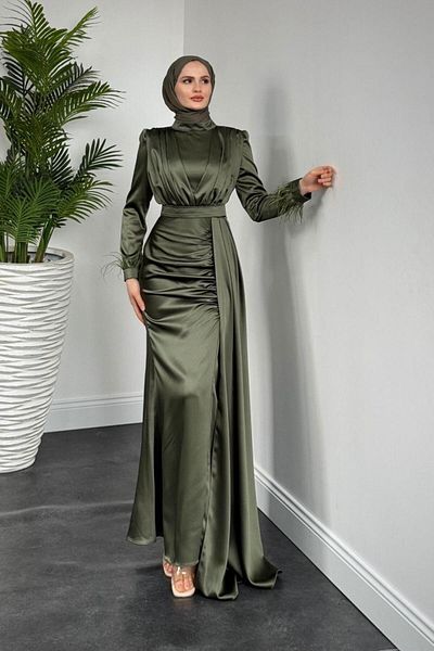 MERVEN AKYÜZ Mirabel Gathered Satin Khaki