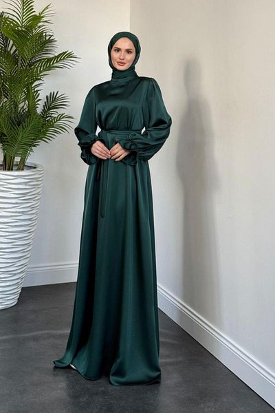 MERVEN AKYÜZ Emerald Evening Dress - Lady Sleeve Ruffle Satin