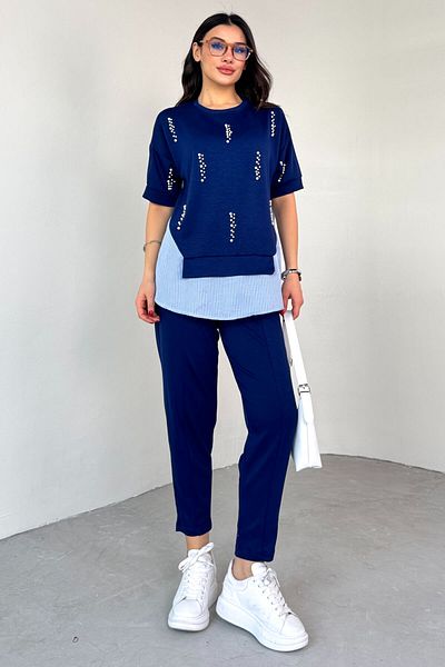 Cappmoda TKM-13258 sötétkék gyöngy ing részlet blúz bő nadrág kétrészes szett