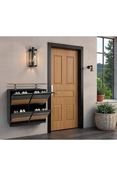 formood Tablalı 4'lü MDF Kaplamalı Metal Ayakkabılık - Siyah Ceviz