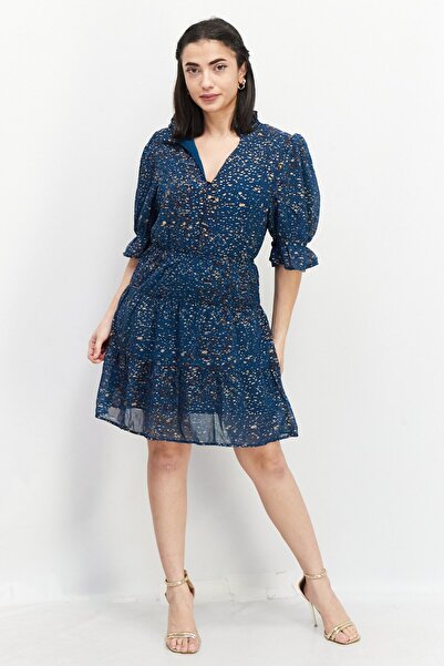 ELAN Women All Over Print Mini Casual Dress, Blue Combo