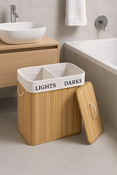 BEYZANA İki Bölmeli Bambu Naturel Çamaşır Sepeti - Mega Katlanabilir Çamaşır Sepeti