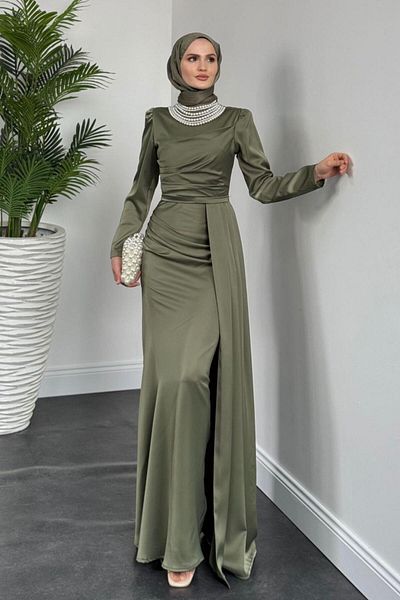 MERVEN AKYÜZ Helenka Side Cape Pearl Necklace Evening Dress Khaki