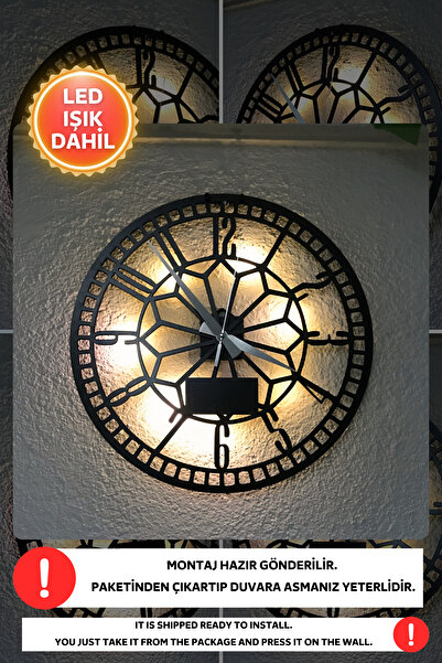 Dekorvin Led Işıklı Modern Mutfak Duvar Saati Sessiz Dekoratif Modern Siyah A...