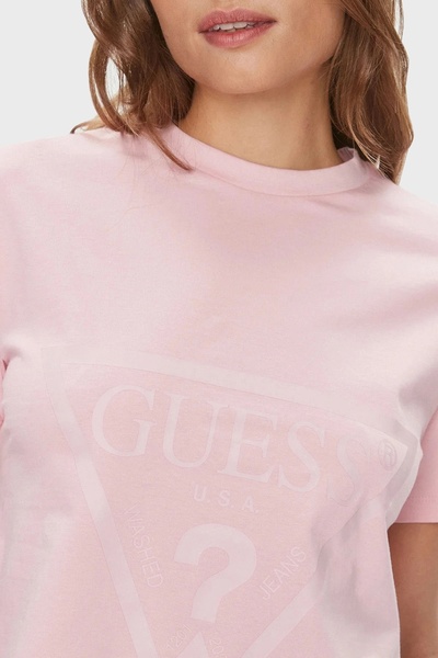 Guess V2YI06K8HM0G6O1 ADELE CROP T-SHIRT Ροζ μπλουζάκι με στρογγυλή λαιμόκοψη, φαρδιά εφαρμογή, με σχέδιο για γυναίκες