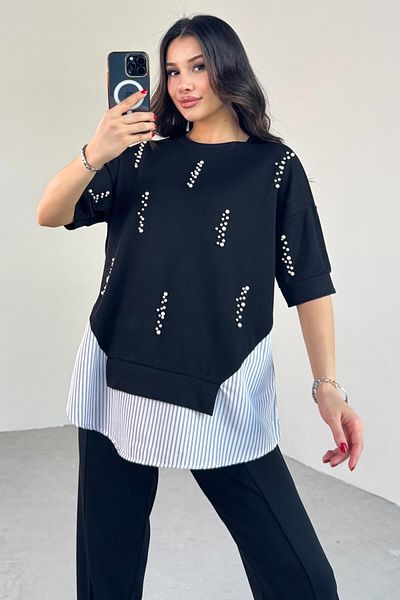 Cappmoda TKM-13258 قميص لؤلؤة أسود تفاصيل بلوزة فضفاضة بنطلون بدلة مزدوجة
