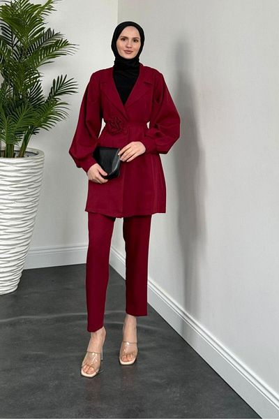MERVEN AKYÜZ Σετ μπουφάν με επένδυση με ροζ ζώνη - Bonita Claret Red