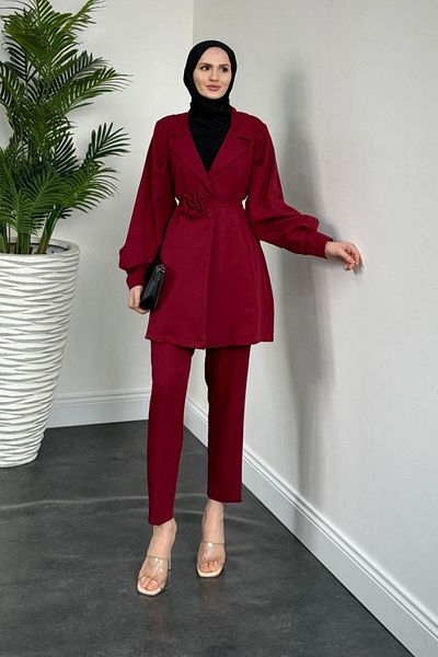 MERVEN AKYÜZ Σετ μπουφάν με επένδυση με ροζ ζώνη - Bonita Claret Red