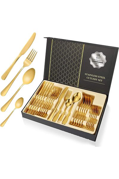 fulina 24 PCS Gold Silverware Cutlery Set,Stainless Steel Mirror Finish,Includes Fork Spoon Knife