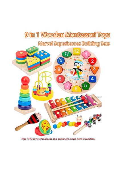 Choice 9 في 1 ألعاب مونتيسوري الخشبية 9 في 1 مجموعة جرس خشخيشة طبلة عمود آلات...