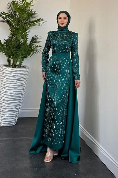 MERVEN AKYÜZ Katy Pelere P:] . Glitter Evening Dress Emerald