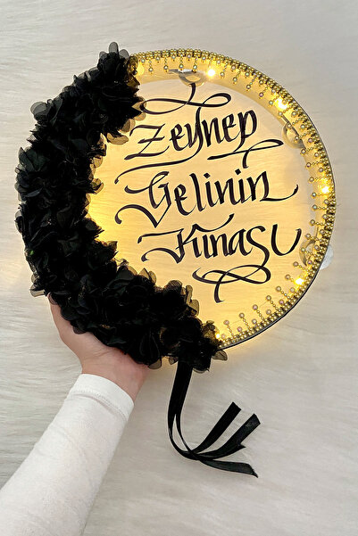 ZEYMERADE Siyah Ledli Şeffaf Gelin Tefi 32cm 3d Çiçek Parlak Taşlı Düğün Kına...