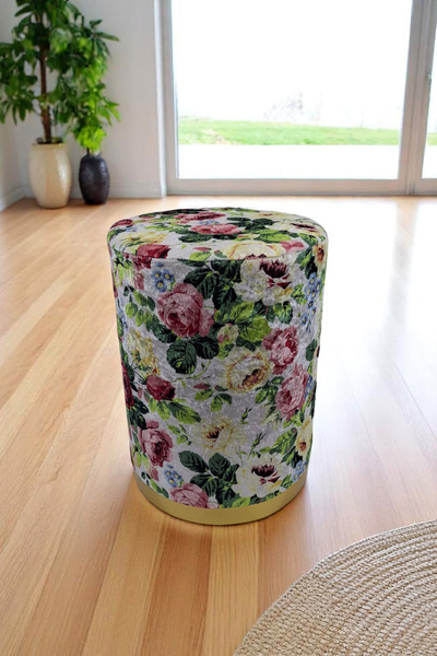 Arte Cotone Çiçek Desenli Kadife Kumaş Dekoratif Silindir Koltuk Puf Bench