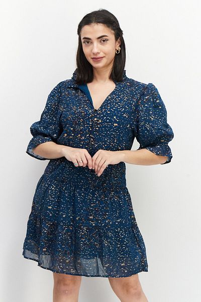 ELAN Women All Over Print Mini Casual Dress, Blue Combo