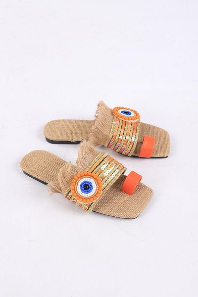 layki Clesse Orange Colored Straw Stone Slippers