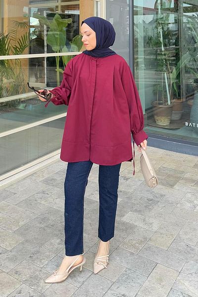 lamelif Burgundy Cuffed Tunic