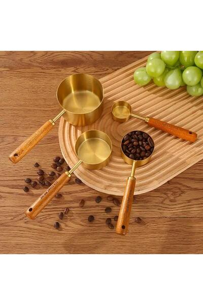 valkyrie 4 Pieces large Size Stainless Steel Measuring Cup Set - Wooden Handle, 60ml 80ml 125ml 250