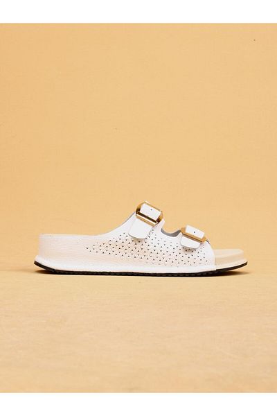 layki Sierra White Colored Genuine Leather Buckle Thick Sole Luxury Slippers