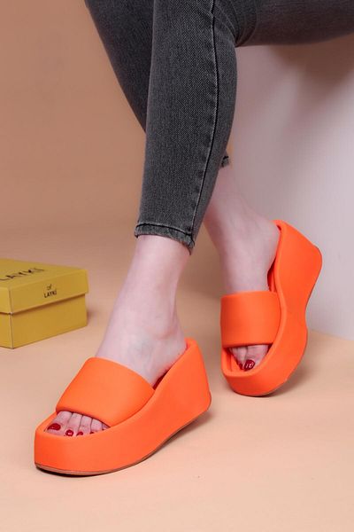 layki Maria Orange Colored High Sole Luxury Slippers 8 CM