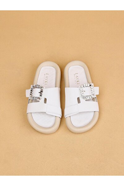 layki Vera Білі шкіряні тапочки з товстою підошвою та пряжкою