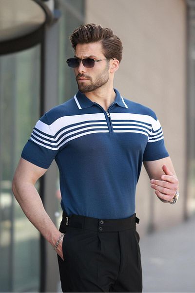 Madmext Ανδρικό πλεκτό μπλουζάκι με γιακά πόλο Navy Blue με φερμουάρ E7407