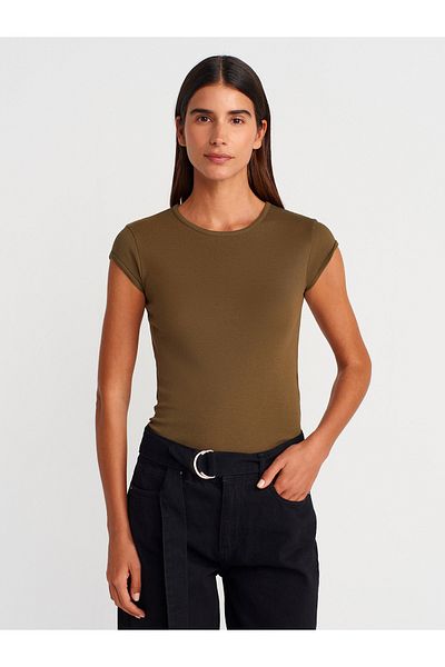 Dilvin 31779 Crew Neck Basic T-Shirt-Khaki