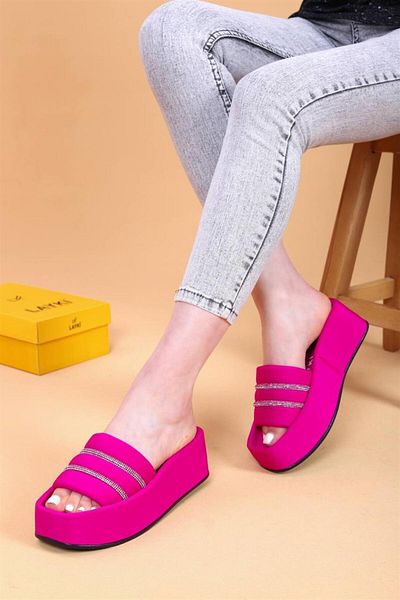 layki Olga Fuchsia Colored High Sole Stone Detailed Luxury Slippers