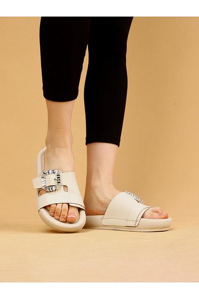 layki Vera Beige Colored Genuine Leather Buckle Thick Sole Luxury Slippers
