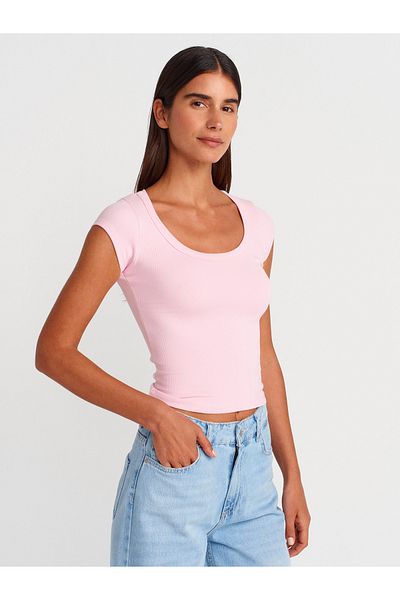 Dilvin 31808 Round Neck Ribbed T-Shirt-Powder Pink
