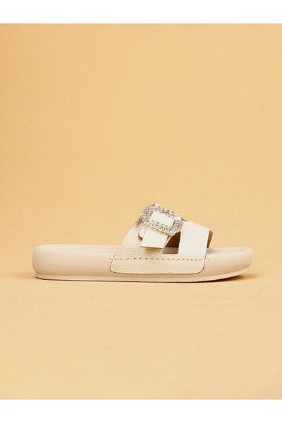 layki Vera Beige Colored Genuine Leather Buckle Thick Sole Luxury Slippers