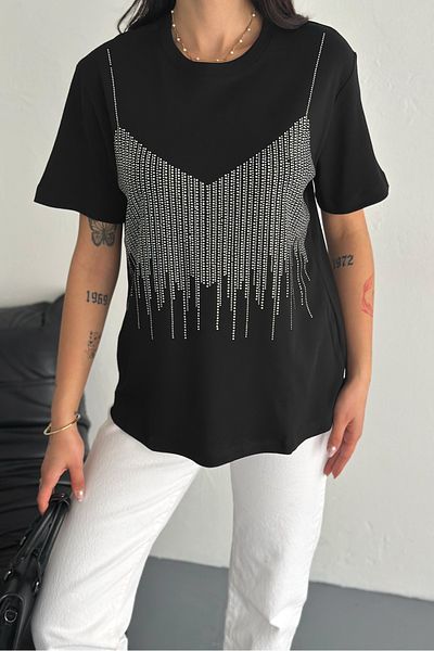 FEMELLE Tricou de damă din bumbac cu detaliu de lipire cu piatră neagră