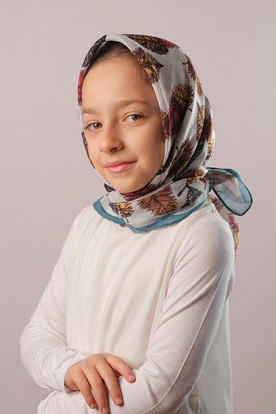 Giverny Petrol Blue Digital Printed Παιδικό Μαντίλι Hijab Βαμβακερό Πολυεστέρα Μοτίβο φύλλων 6003_17