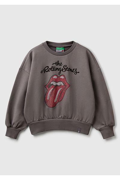 United Colors of Benetton Girl's Anthracite Rolling Stones Printed Logo Label Sweatshirt