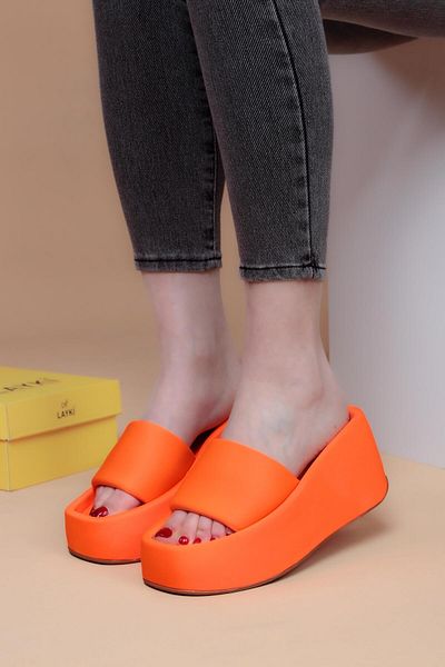 layki Maria Orange Colored High Sole Luxury Slippers 8 CM