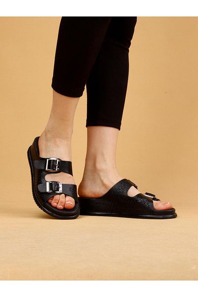 layki Sierra Black Colored Genuine Leather Buckle Thick Sole Luxury Slippers