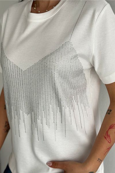 FEMELLE Women's White Stone Pasting Detailed Cotton T-Shirt