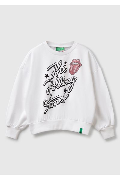 United Colors of Benetton Girl's White Rolling Stones Printed Logo Label Sweatshirt