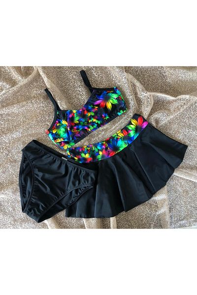 Elit Girl's Waiter Flexible Adjustable Strap Black Colorful Patterned Skirt Bikini Suit