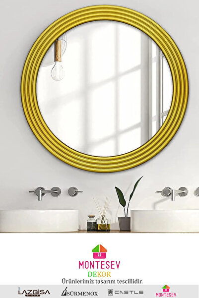 MONTESEV Zümrüt Ahşap Gold Dekoratif Ayna Yuvarlak Ayna Işlemeli Duvar Aynası Tekli - 43 Cm