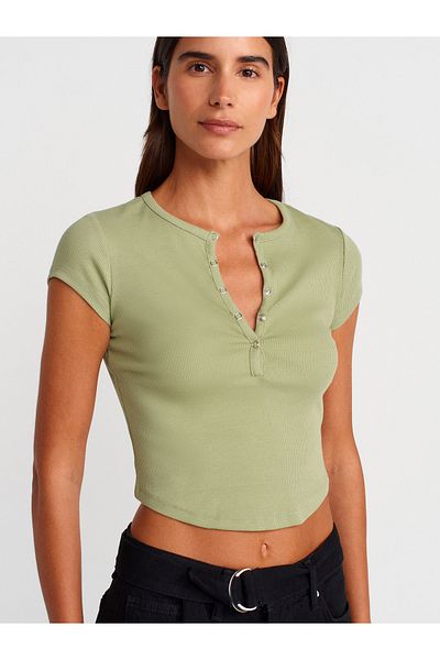 Dilvin 31719 Snap Fastener Short Sleeve Top-Khaki