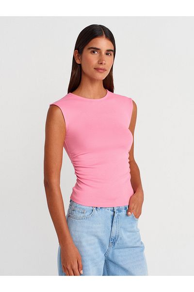 Dilvin 21054 Shirred Basic T-Shirt-Pink