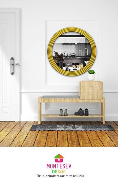 MONTESEV Zümrüt Ahşap Gold Dekoratif Ayna Yuvarlak Ayna Işlemeli Duvar Aynası Tekli - 69 Cm