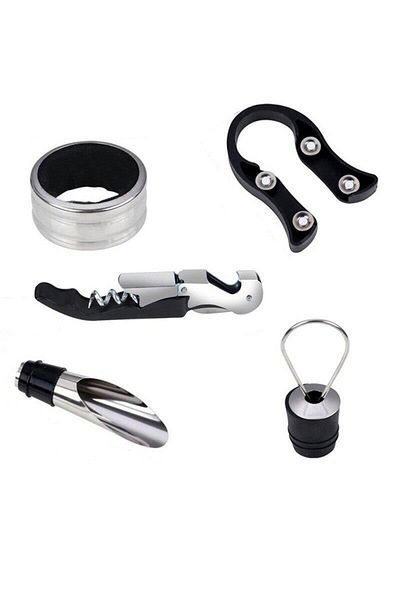 valkyrie 5 Pieces Bottle Cork Opener Foil Cutter Drip Stop Ring Corkscrew Bottle Stopper Set