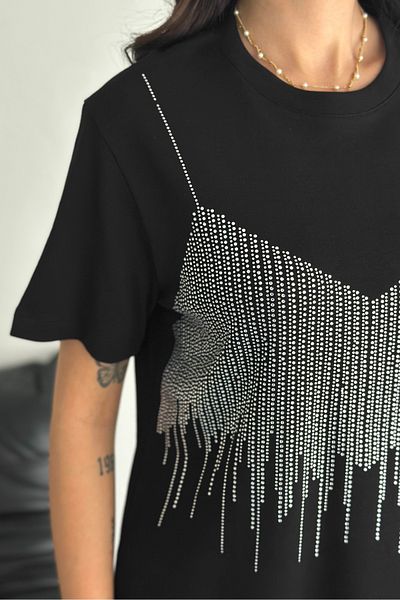 FEMELLE Tricou de damă din bumbac cu detaliu de lipire cu piatră neagră