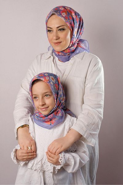 Giverny Μωβ ψηφιακή εκτύπωση Mother Daughter Συνδυασμός Μαντήλι Hijab Βαμβακερό πολυεστέρα με σχέδιο πεταλούδας 6004_22